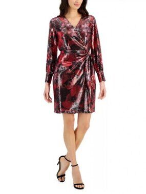 *NWT* Anne Klein Sequined Faux-Wrap Black and Red Dress Size 12